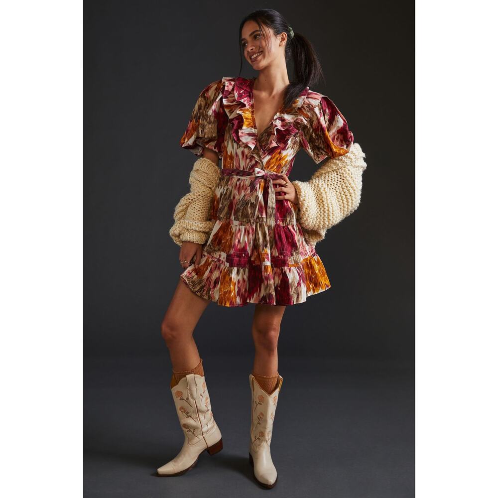 Anthropologie Love the Label Remy Ruffled Wrap Mini Dress Savannah Burgundy XL